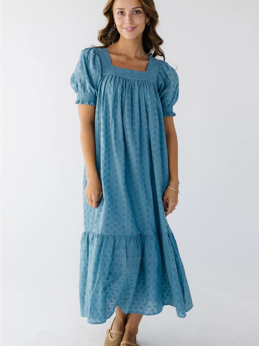Royal Blue Eyelet Square-Neck Midi Dress